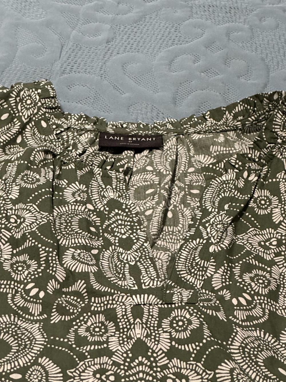 Lane Bryant Olive Green & White Printed Flutter Sleeve Top - Picture 3 of 11